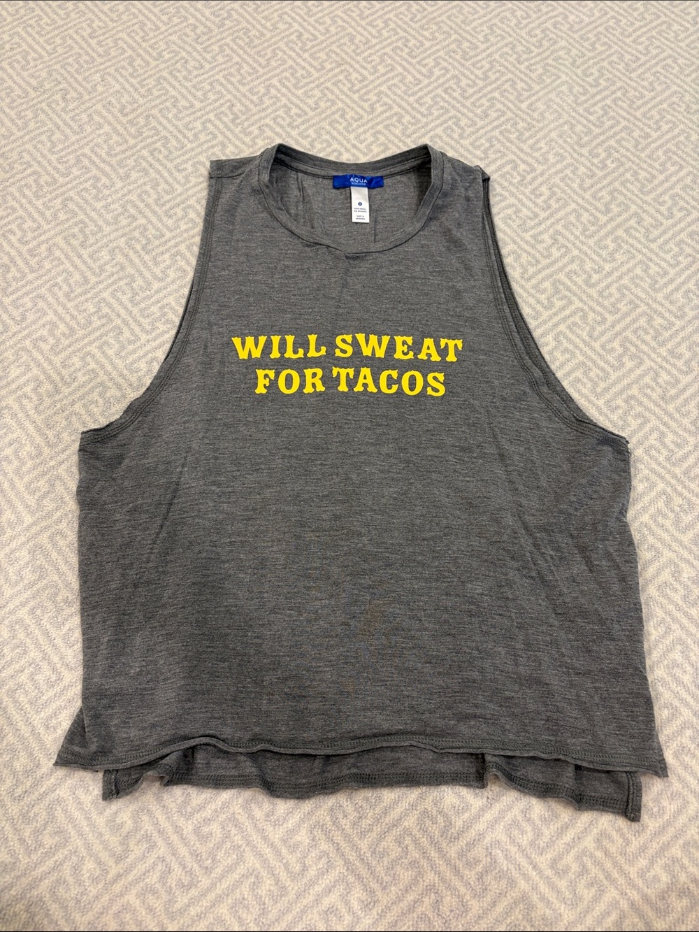 Aqua Gray Muscle Tee with Yellow 'Will Sweat For Tacos' Graphic